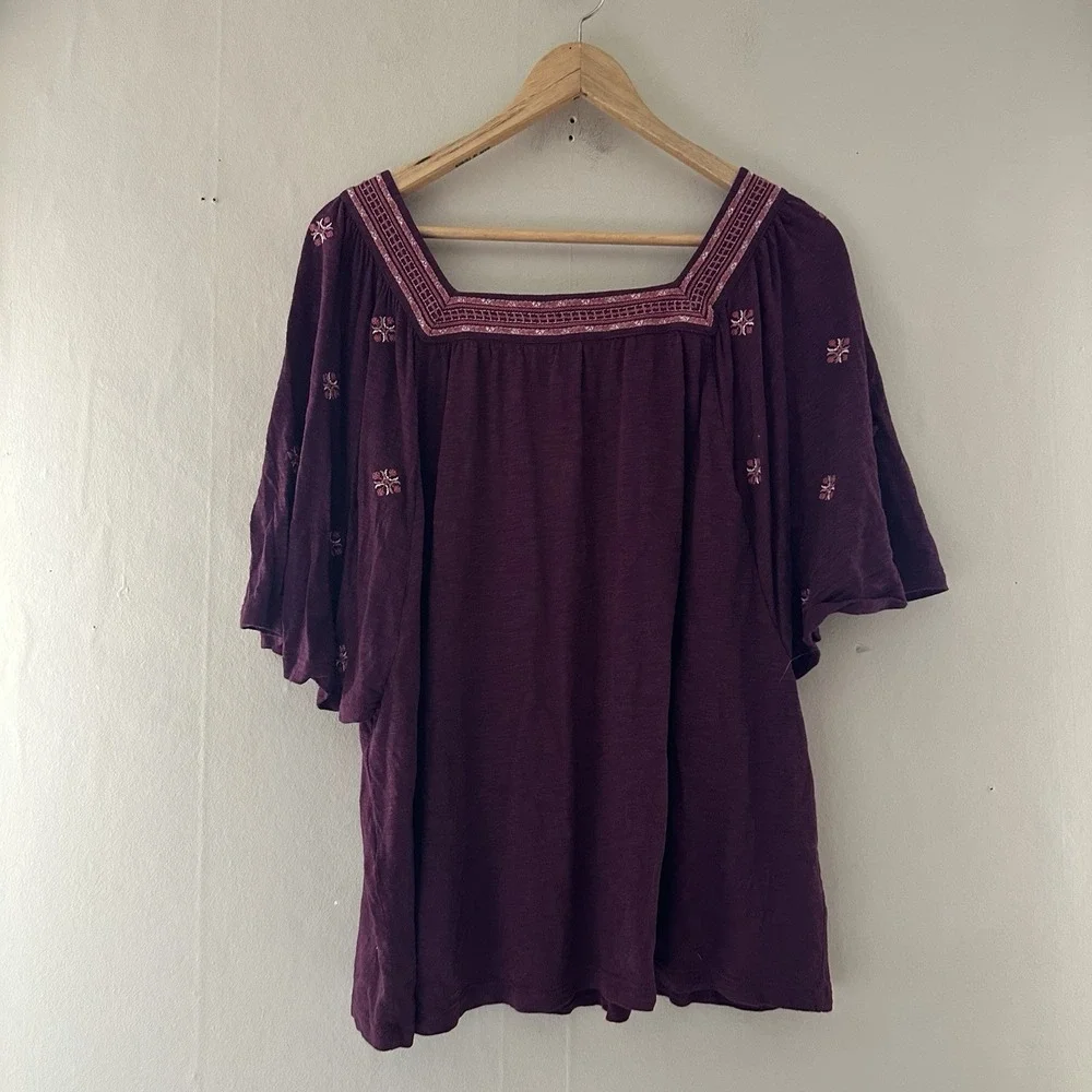 J JIll Womens Boho Top Size M Purple Knit Embroidered Square Neck Mature Casual - Picture 3 of 9